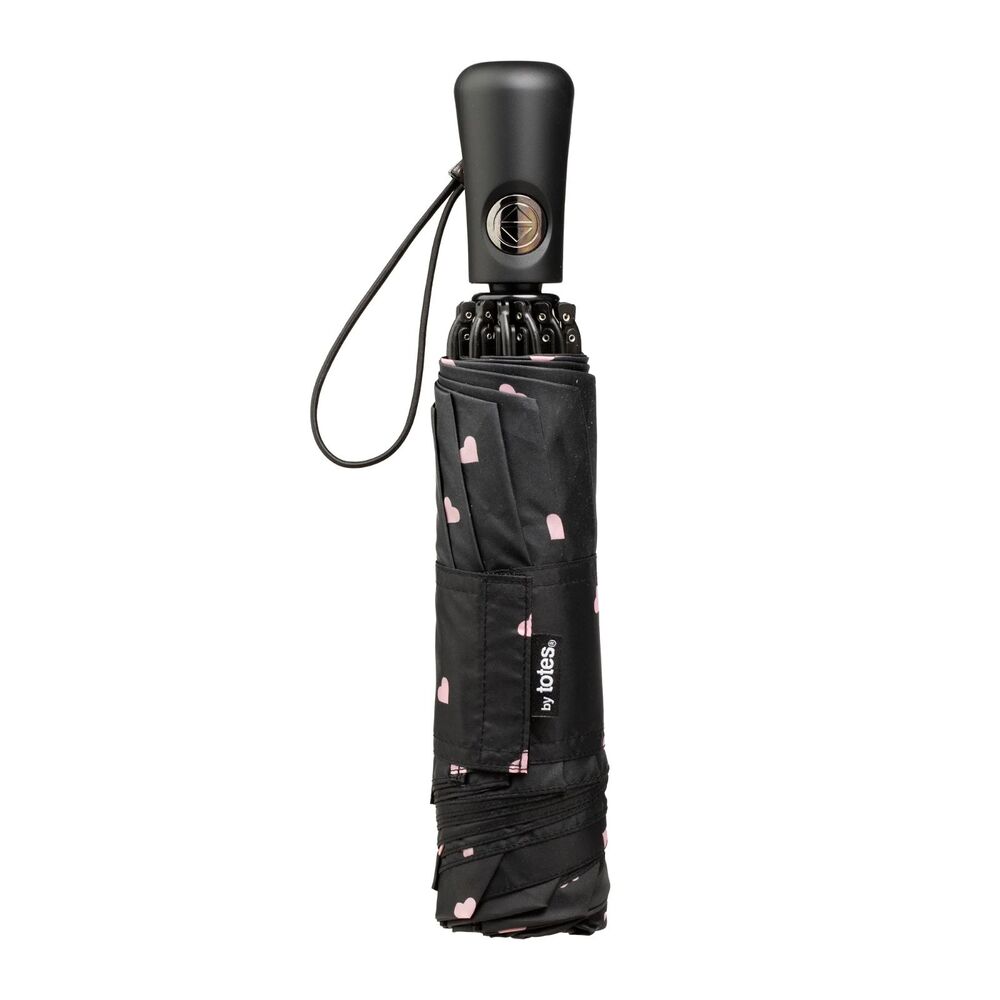 Totes Recycled Auto Open & Reverse Close Compact Rain Umbrella Black Hearts NEW